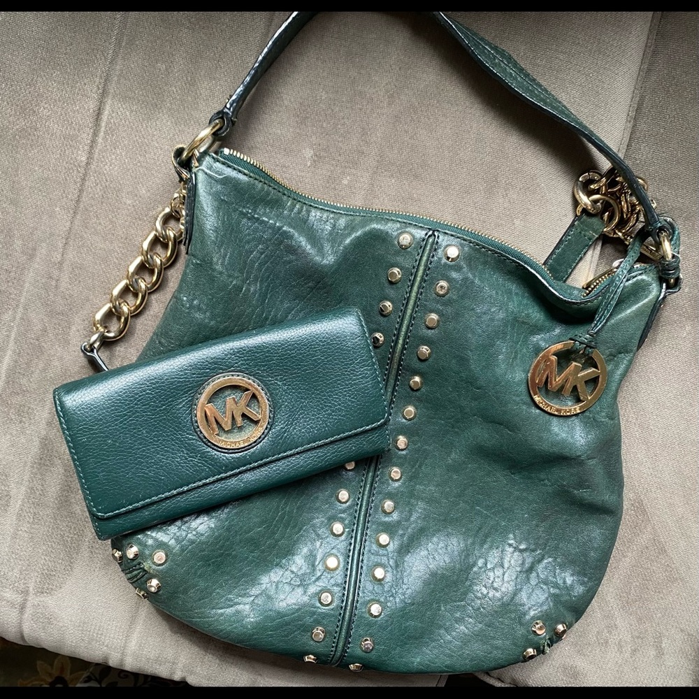 Dark Green and Gold Michael Kors Astor studded handbag & matching wallet